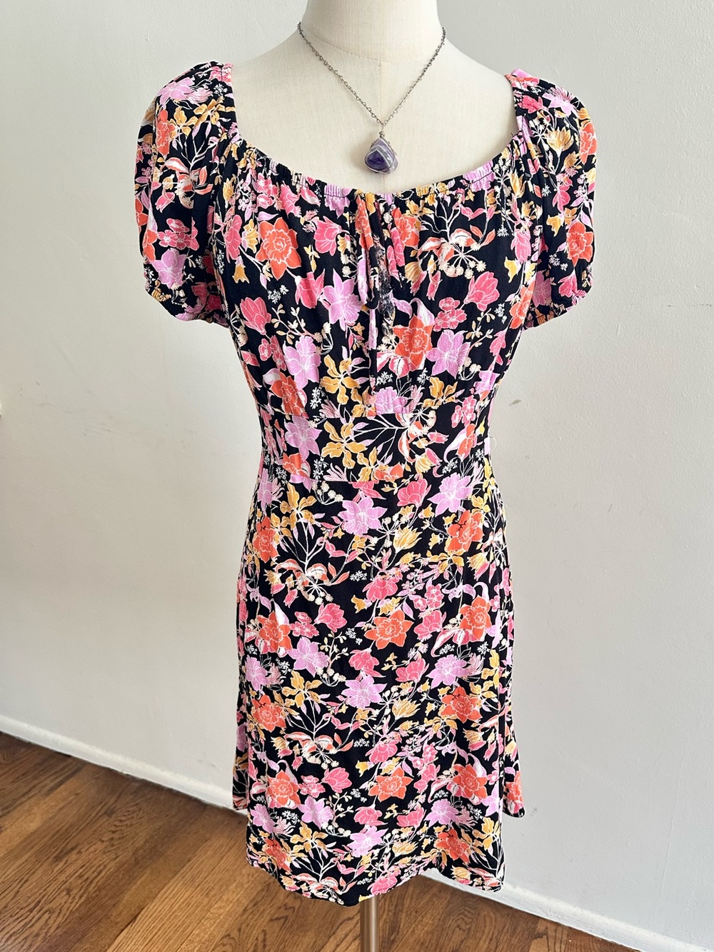 Rewind Black Floral Puff Sleeve Mini Dress Romantic Cottagecore XXL - Picture 2 of 5